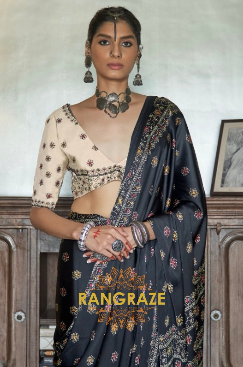 Floral Black Gajji Silk Printed Designer Saree