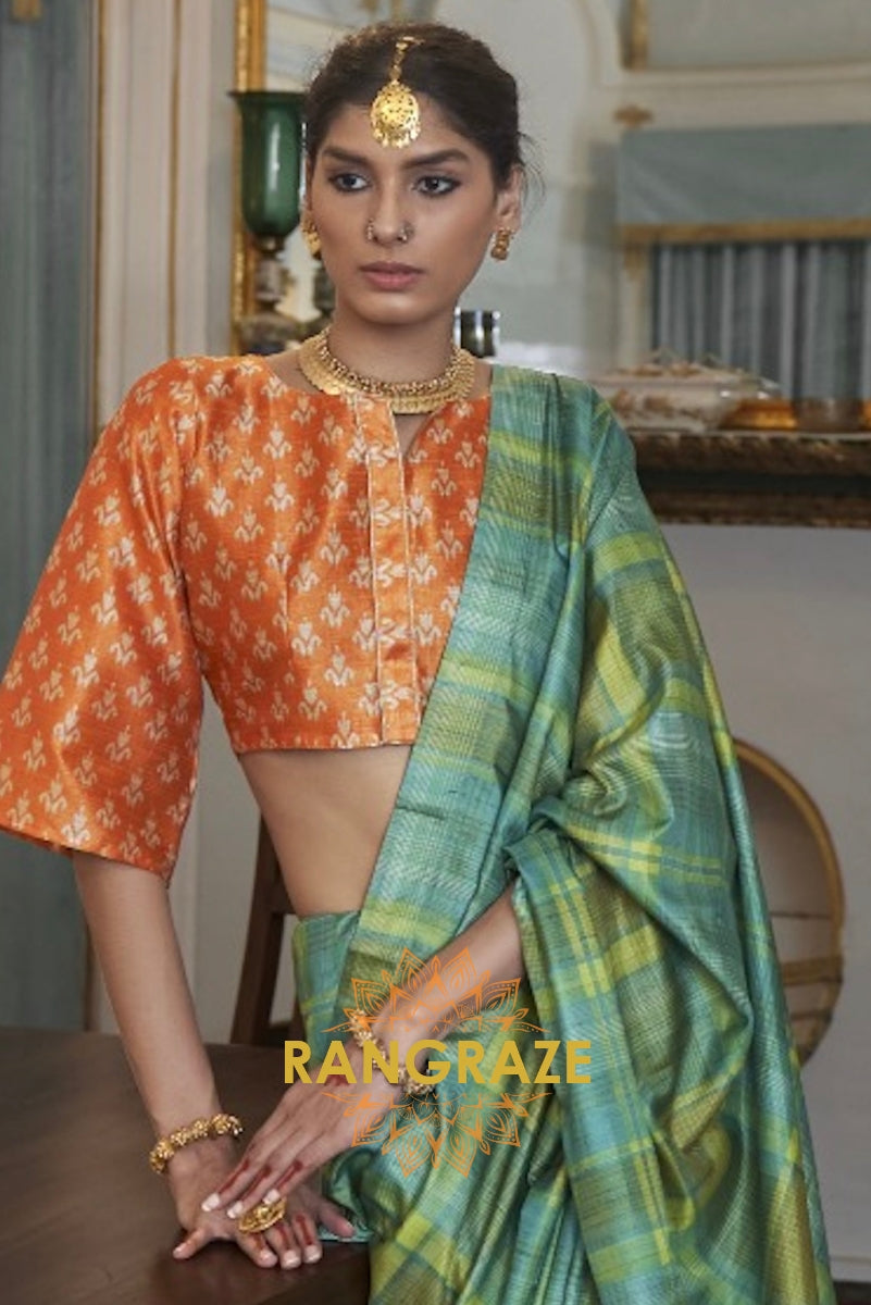 Turquoise Green Modern Banarasi Silk Printed Designer Saree