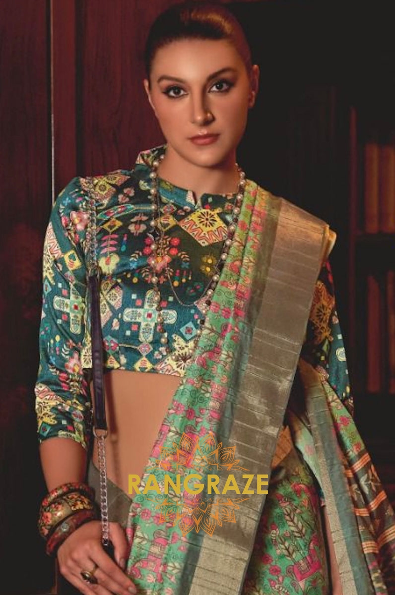 Turquoise Green Multi Shade Kotha Zari Printed Saree