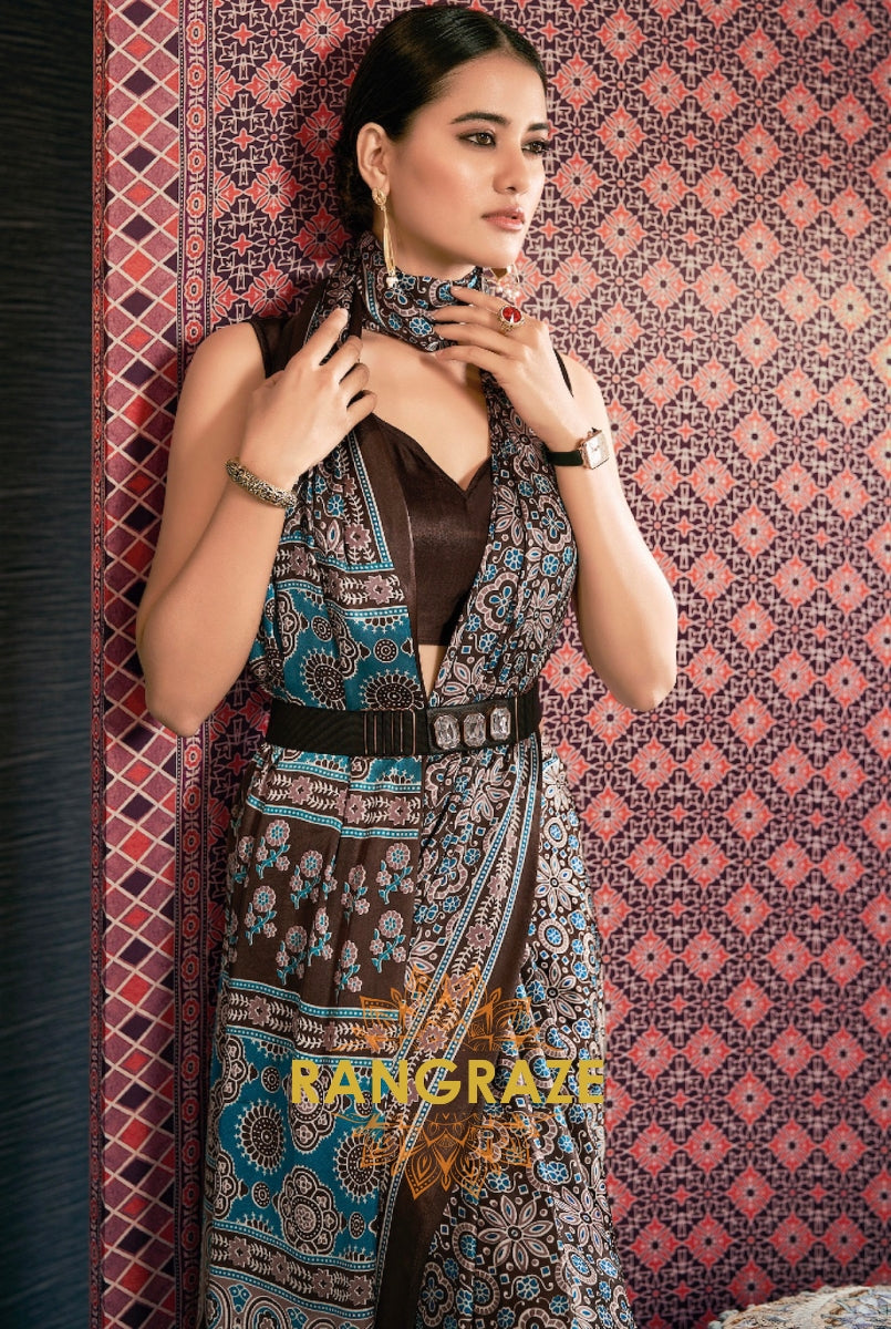 Timeless Brown Satin Silk Ajrakh Print Saree