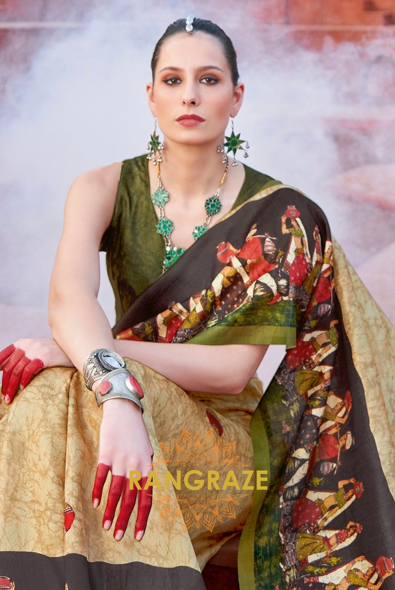 Beige Tusser Silk Multi Shade Printed Saree