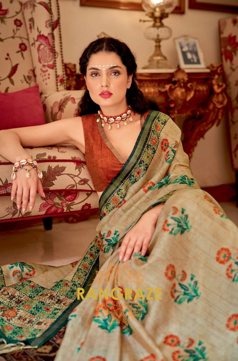 Imperial Beige Green Pure Banarasi Zari Silk Printed Saree