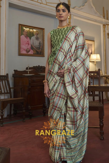 Green Biege Modern Banarasi Silk Printed Designer Saree