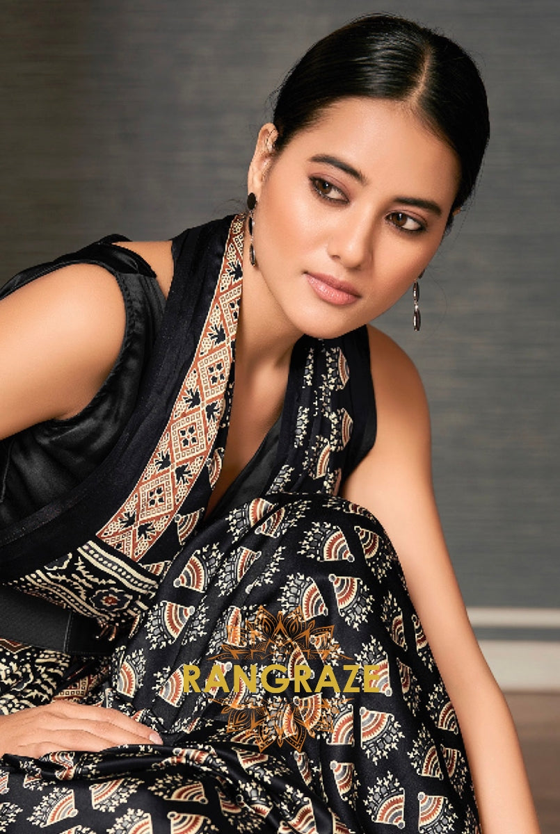 Timeless Black Satin Silk Ajrakh Print Saree