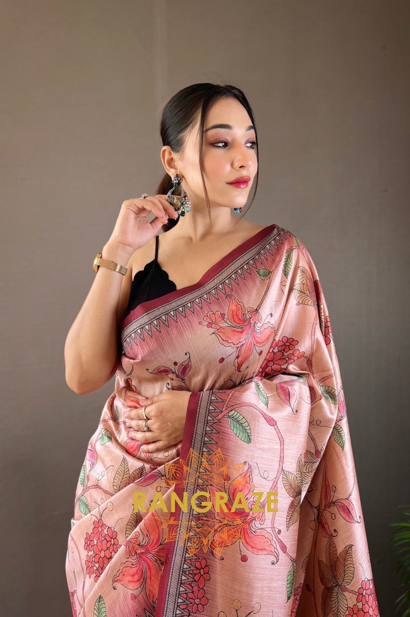 Baby Pink Multi Shade Digital Kalamkari Printed Saree