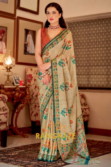 Imperial Beige Green Pure Banarasi Zari Silk Printed Saree