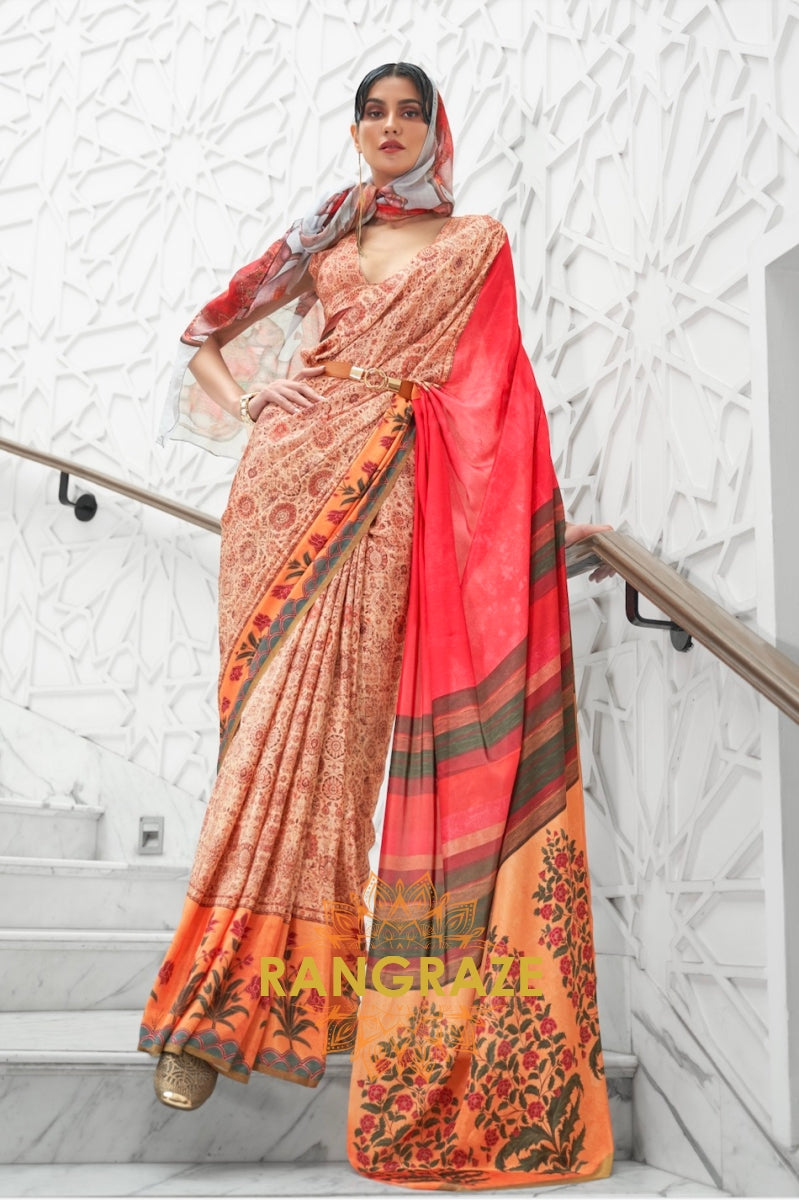 Orange Red Kalamkari Printed Pure Silk Crepe Saree