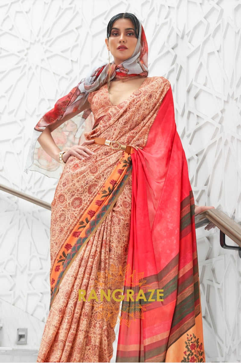 Orange Red Kalamkari Printed Pure Silk Crepe Saree