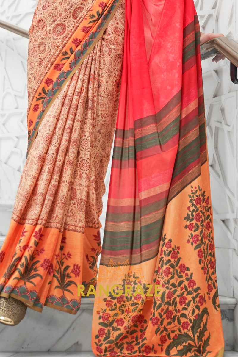 Orange Red Kalamkari Printed Pure Silk Crepe Saree
