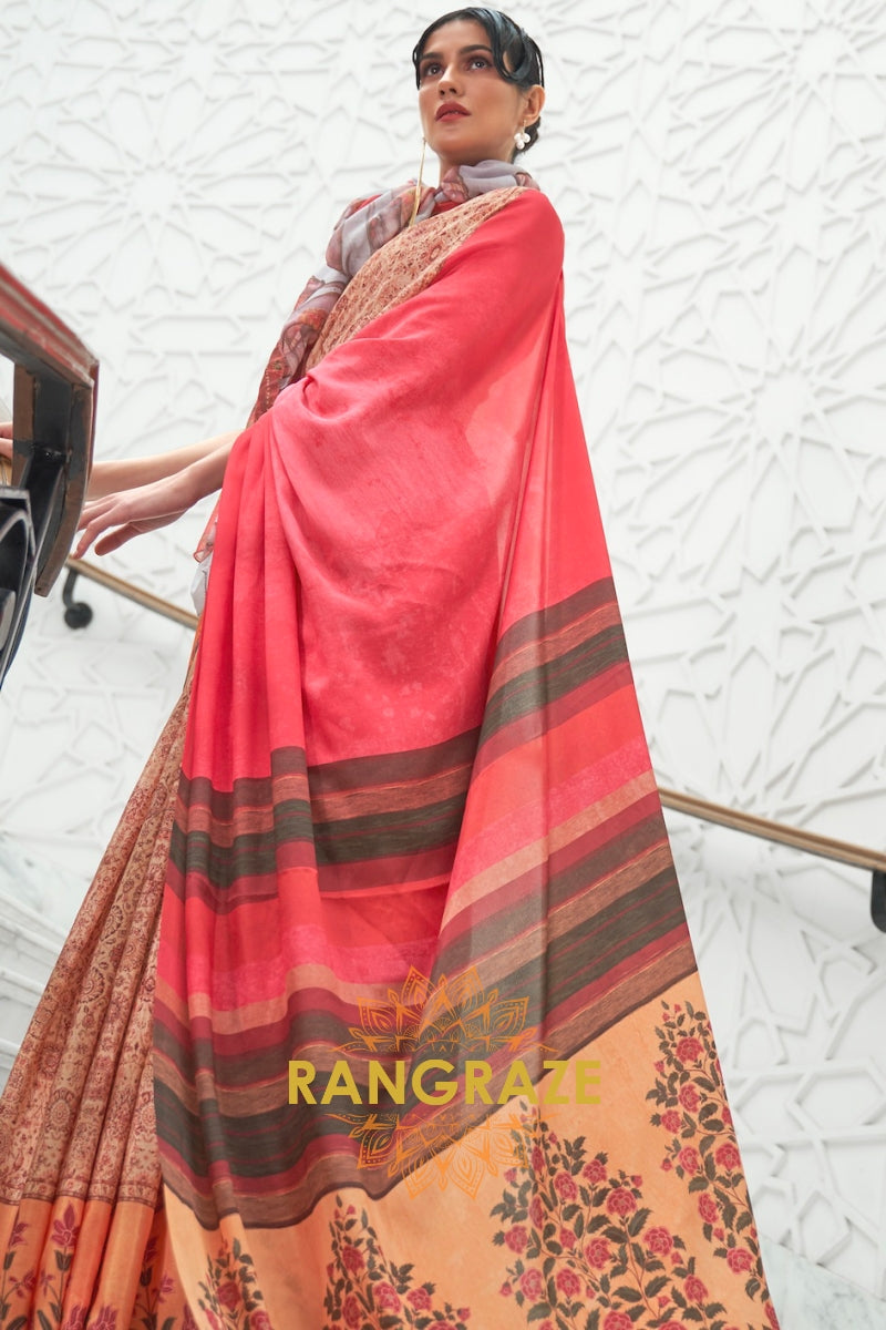 Orange Red Kalamkari Printed Pure Silk Crepe Saree