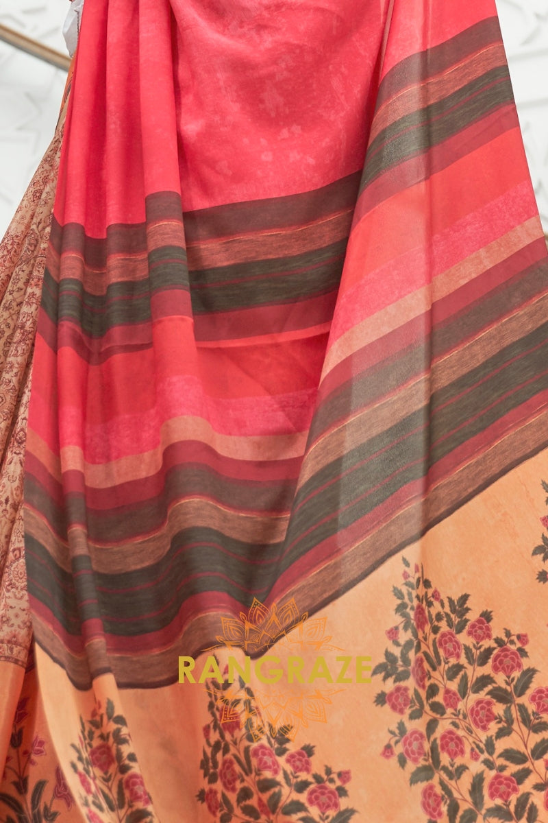 Orange Red Kalamkari Printed Pure Silk Crepe Saree