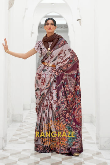 Marron Kalamkari Printed Pure Silk Crepe Saree