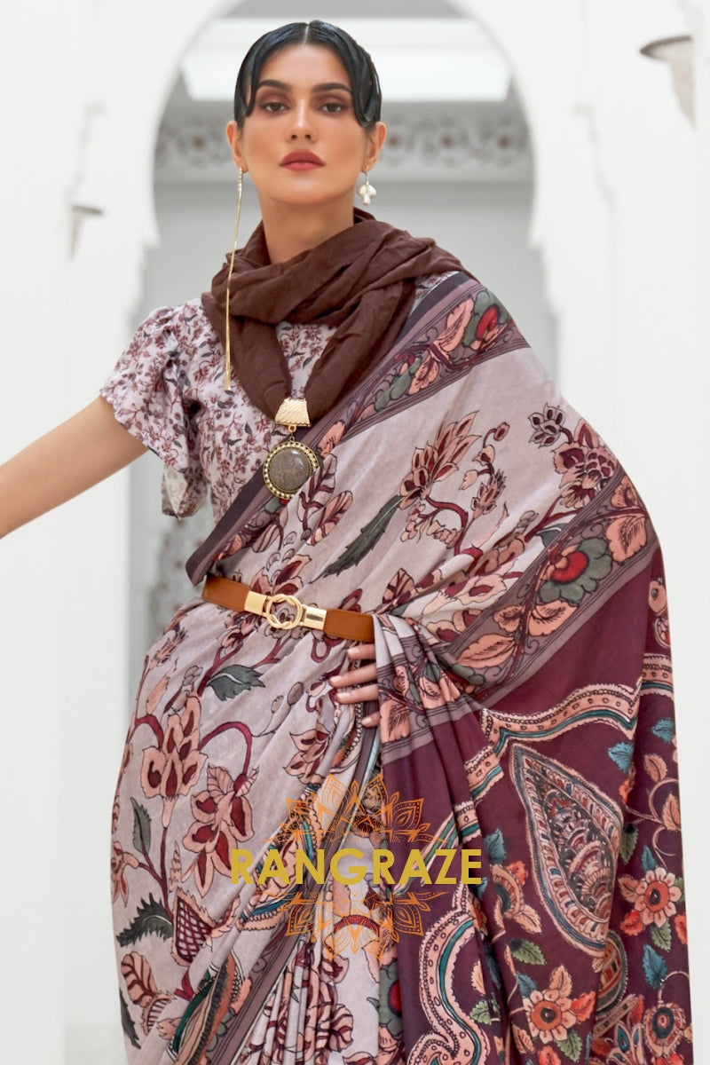 Marron Kalamkari Printed Pure Silk Crepe Saree