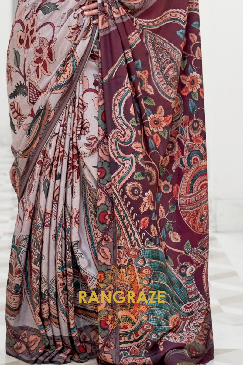 Marron Kalamkari Printed Pure Silk Crepe Saree