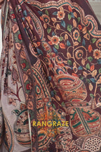 Marron Kalamkari Printed Pure Silk Crepe Saree