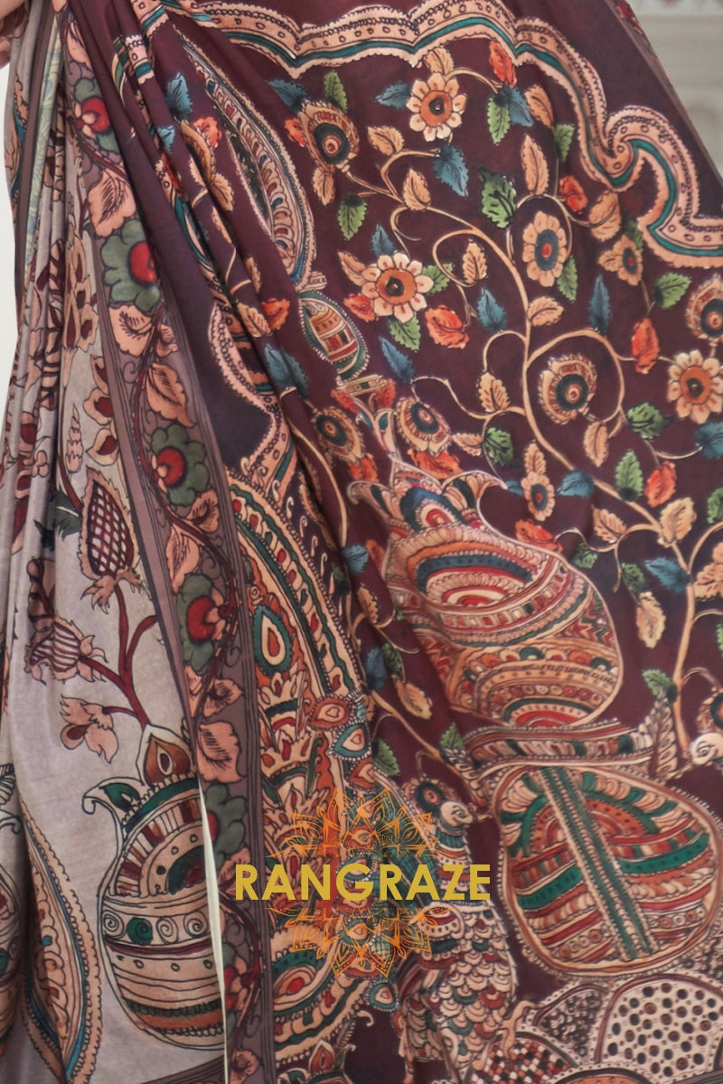 Marron Kalamkari Printed Pure Silk Crepe Saree