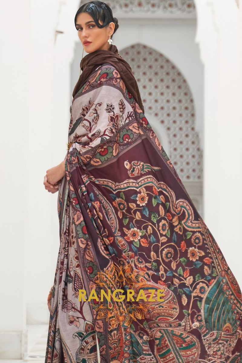 Marron Kalamkari Printed Pure Silk Crepe Saree