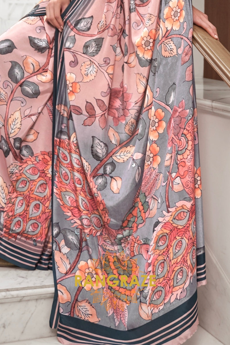 Pink Grey Kalamkari Printed Pure Silk Crepe Saree