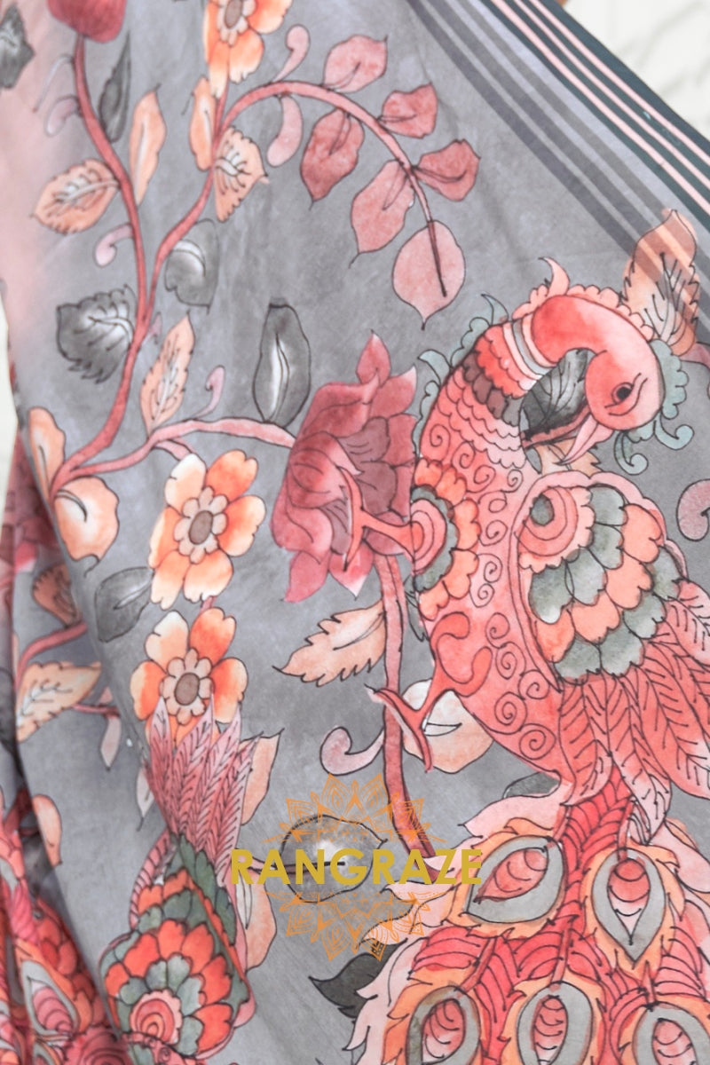 Pink Grey Kalamkari Printed Pure Silk Crepe Saree