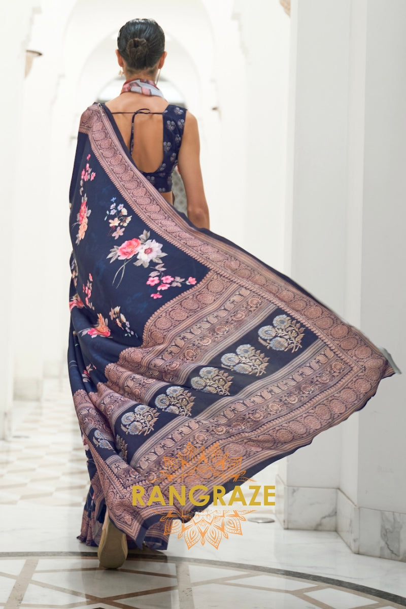 Blue Kalamkari Printed Pure Silk Crepe Saree