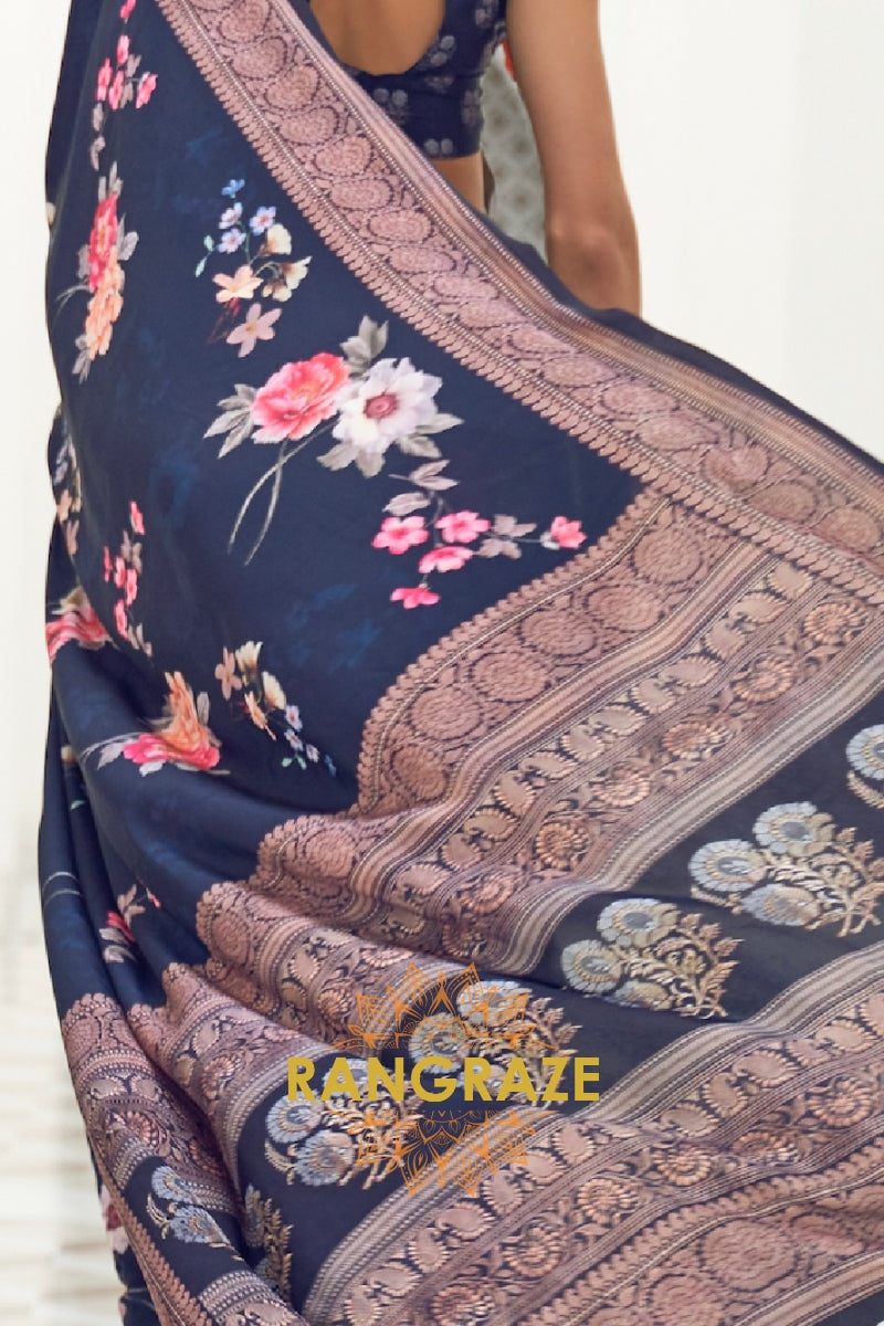 Blue Kalamkari Printed Pure Silk Crepe Saree