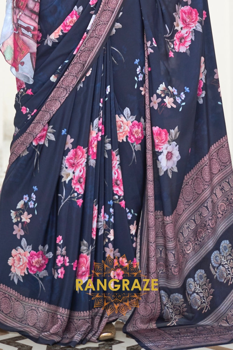 Blue Kalamkari Printed Pure Silk Crepe Saree