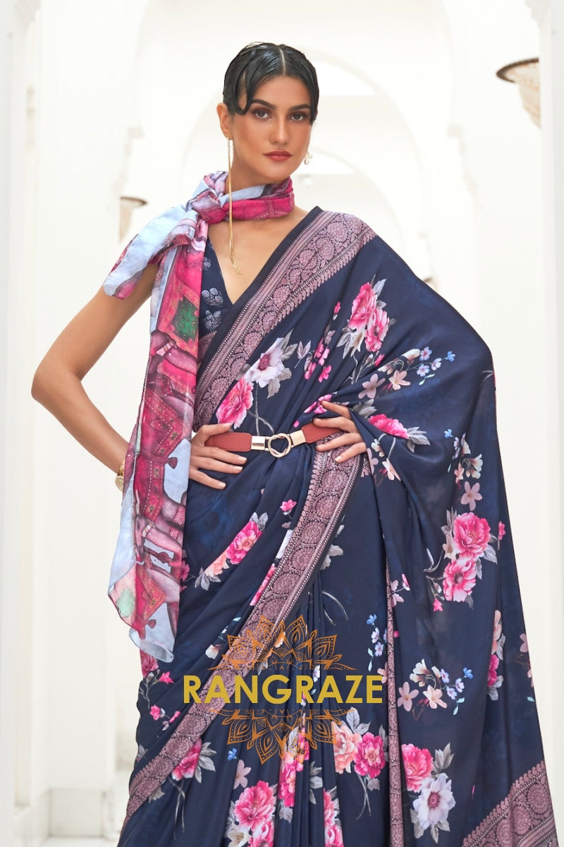 Blue Kalamkari Printed Pure Silk Crepe Saree