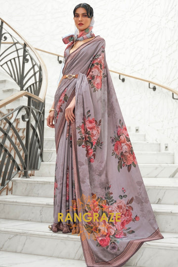 Grey Multi Color Kalamkari Printed Pure Silk Crepe Saree