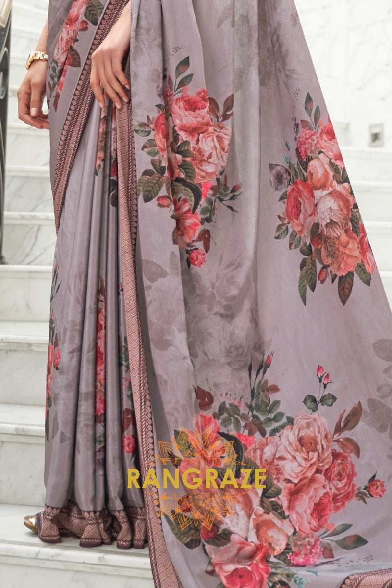 Grey Multi Color Kalamkari Printed Pure Silk Crepe Saree
