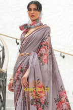 Grey Multi Color Kalamkari Printed Pure Silk Crepe Saree