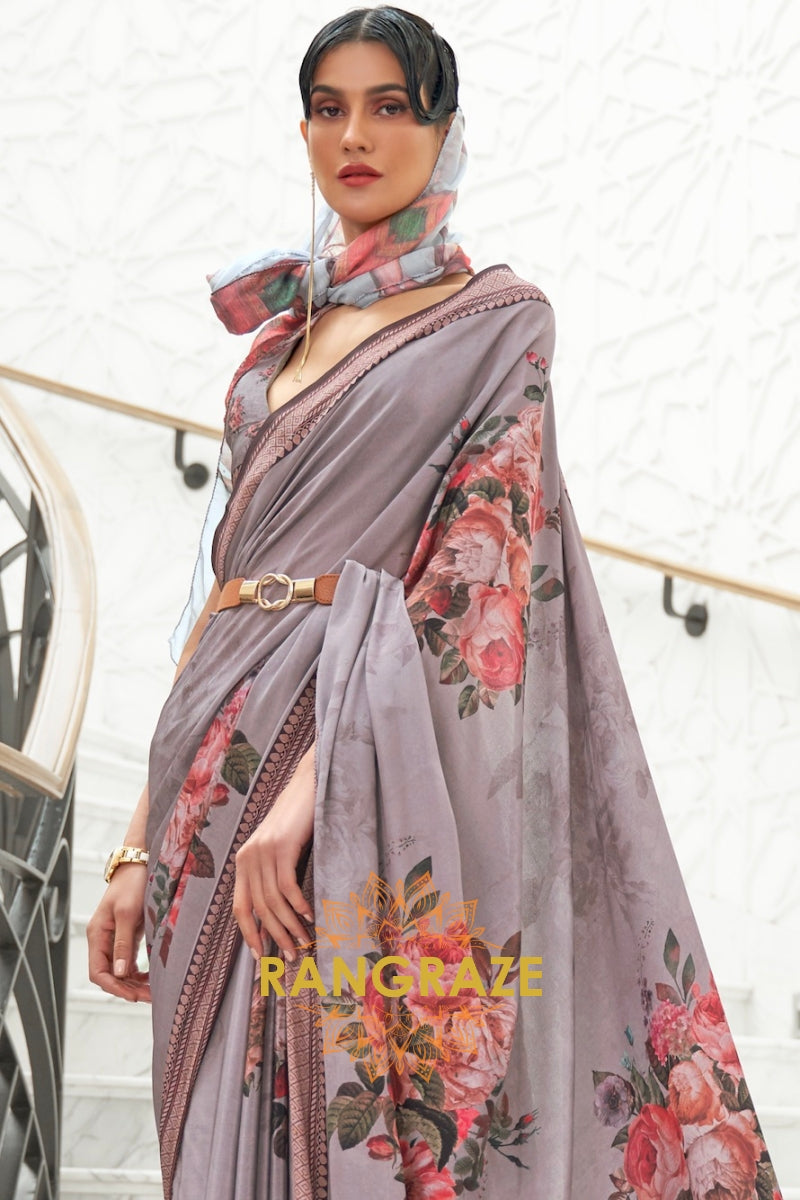 Grey Multi Color Kalamkari Printed Pure Silk Crepe Saree