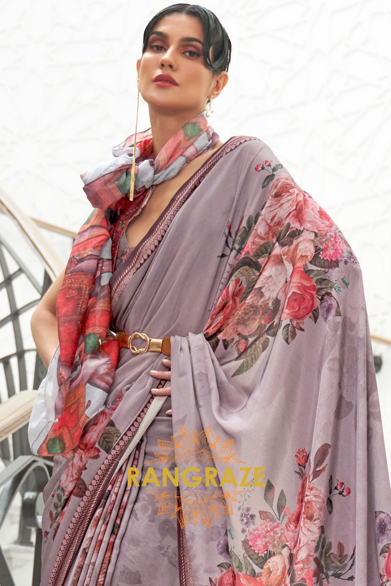 Grey Multi Color Kalamkari Printed Pure Silk Crepe Saree