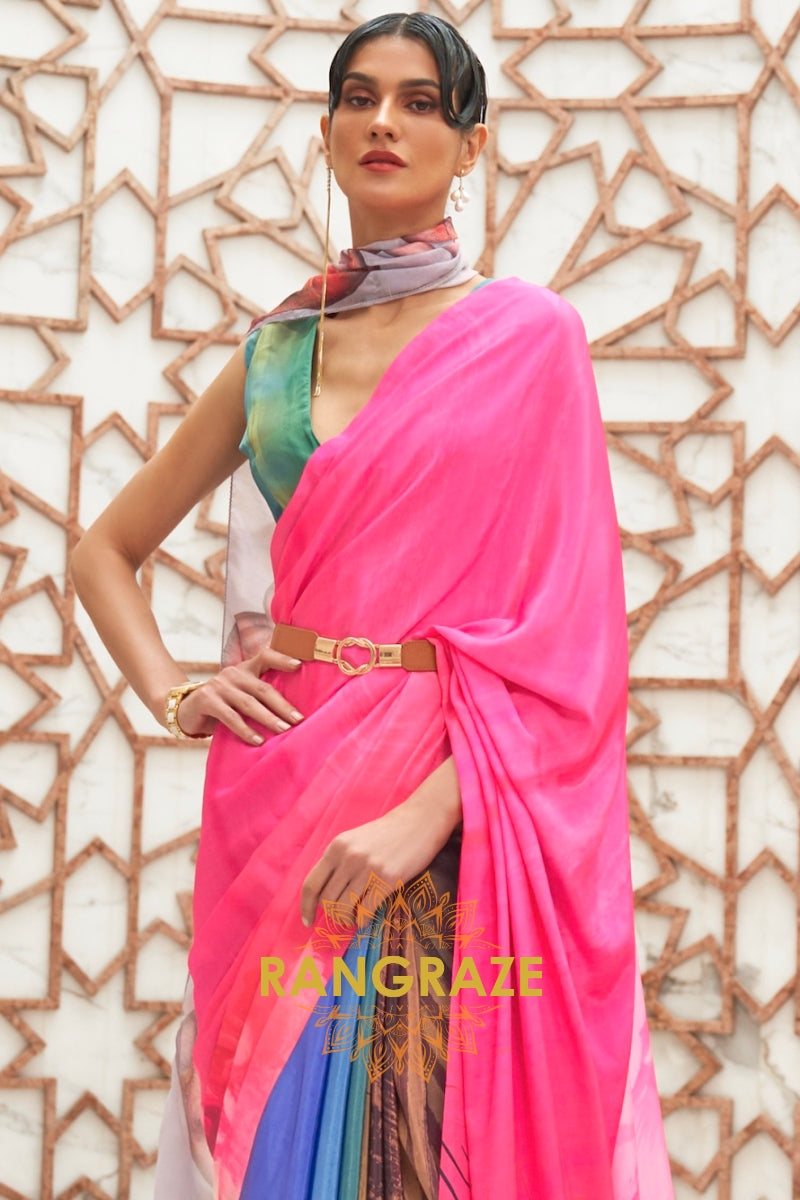 Pink And Blue Kalamkari Printed Pure Silk Crepe Saree