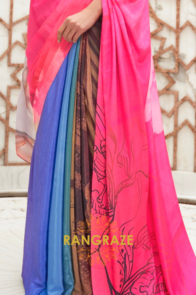Pink And Blue Kalamkari Printed Pure Silk Crepe Saree