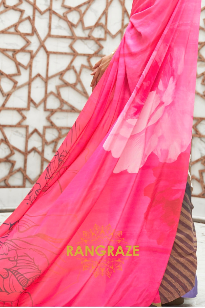 Pink And Blue Kalamkari Printed Pure Silk Crepe Saree
