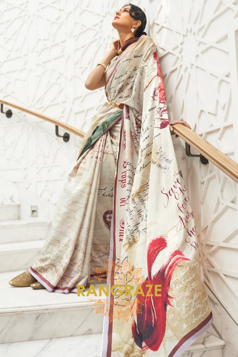 Beige Multi Color Kalamkari Printed Pure Silk Crepe Saree