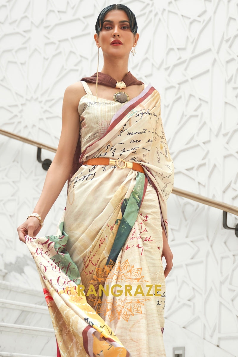 Beige Multi Color Kalamkari Printed Pure Silk Crepe Saree