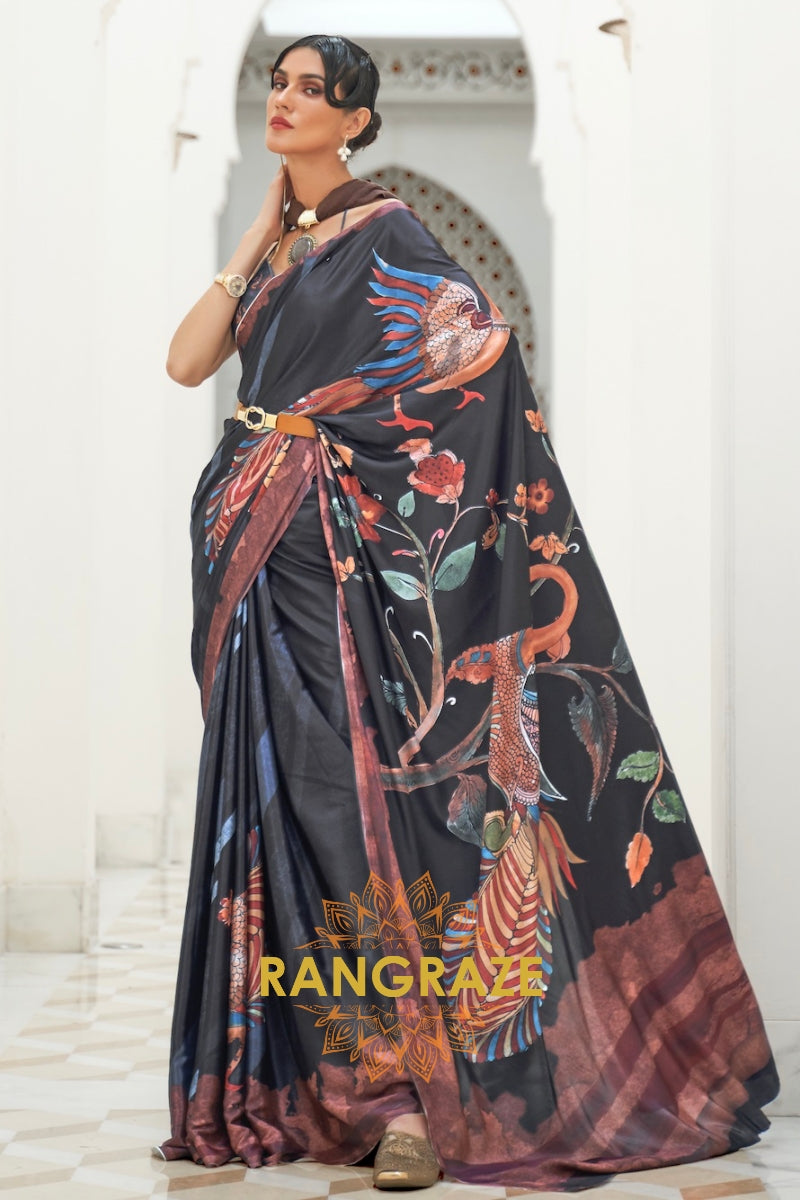 Black Multi Color Kalamkari Printed Pure Silk Crepe Saree