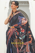 Black Multi Color Kalamkari Printed Pure Silk Crepe Saree