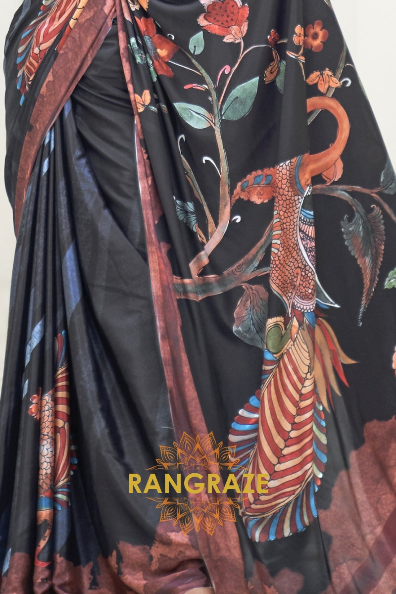 Black Multi Color Kalamkari Printed Pure Silk Crepe Saree