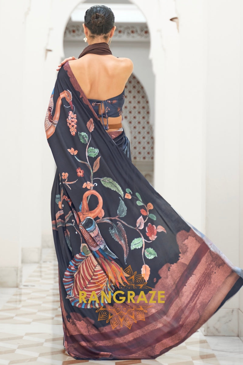 Black Multi Color Kalamkari Printed Pure Silk Crepe Saree