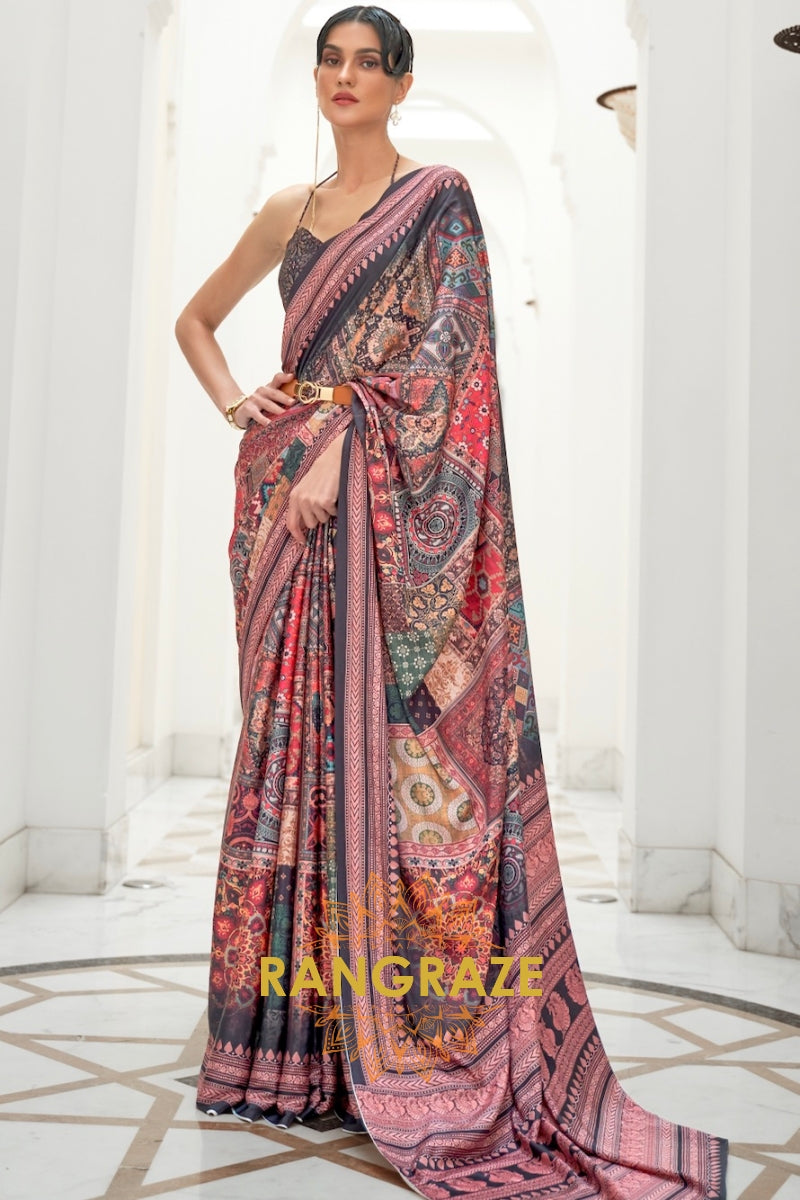 Pink And Black Kalamkari Printed Pure Silk Crepe Saree