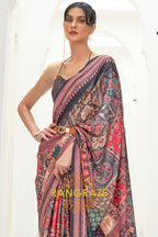 Pink And Black Kalamkari Printed Pure Silk Crepe Saree