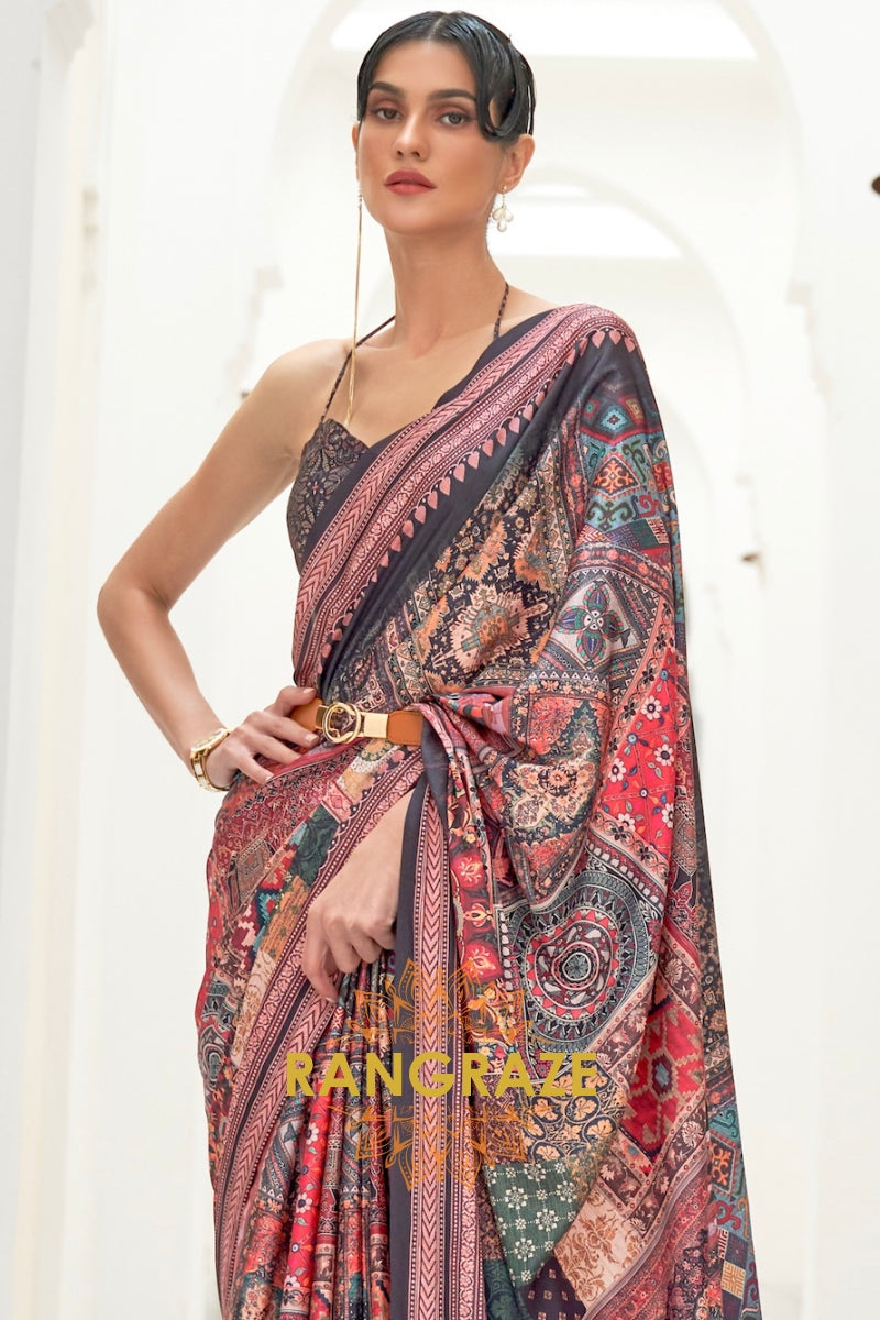 Pink And Black Kalamkari Printed Pure Silk Crepe Saree