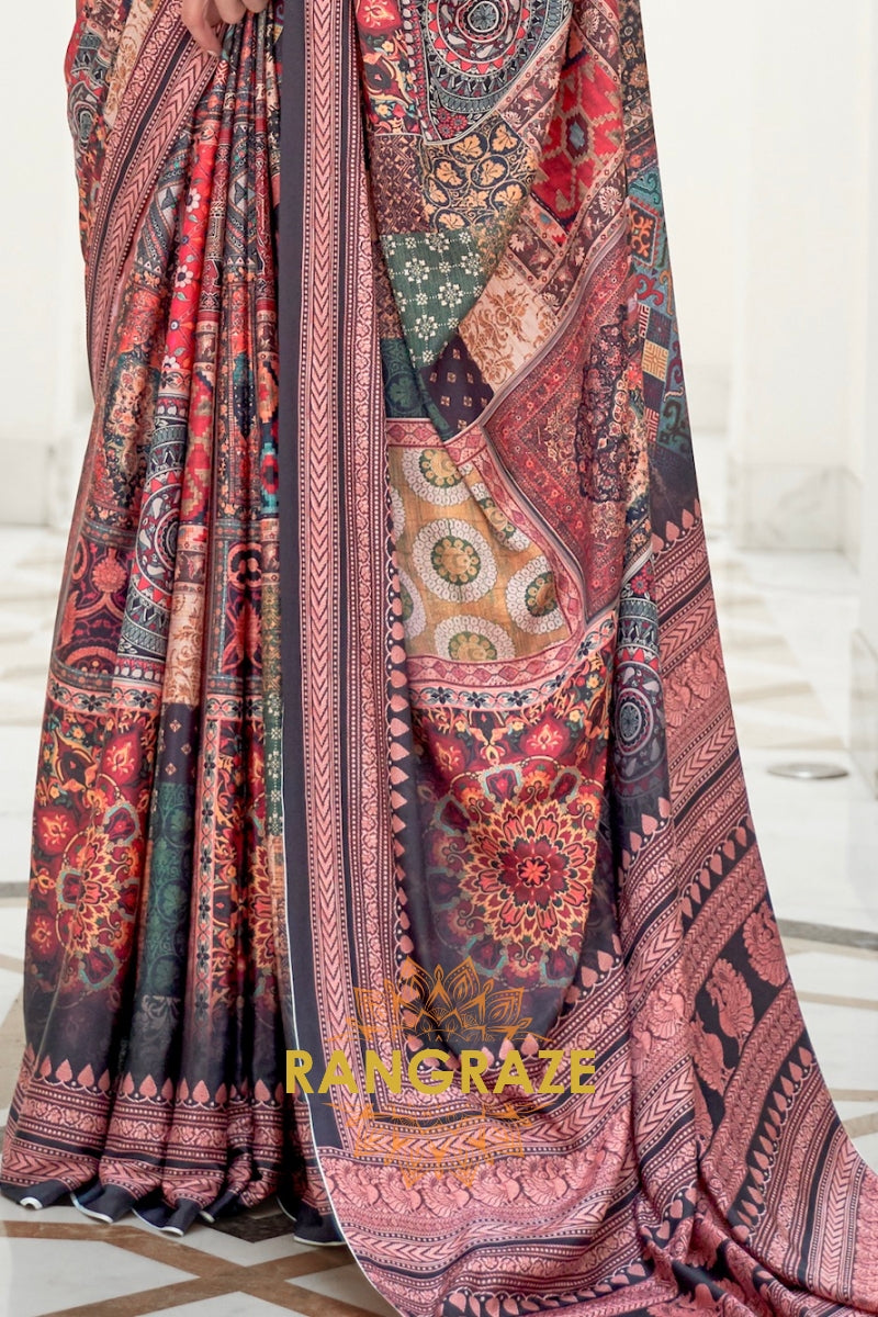 Pink And Black Kalamkari Printed Pure Silk Crepe Saree