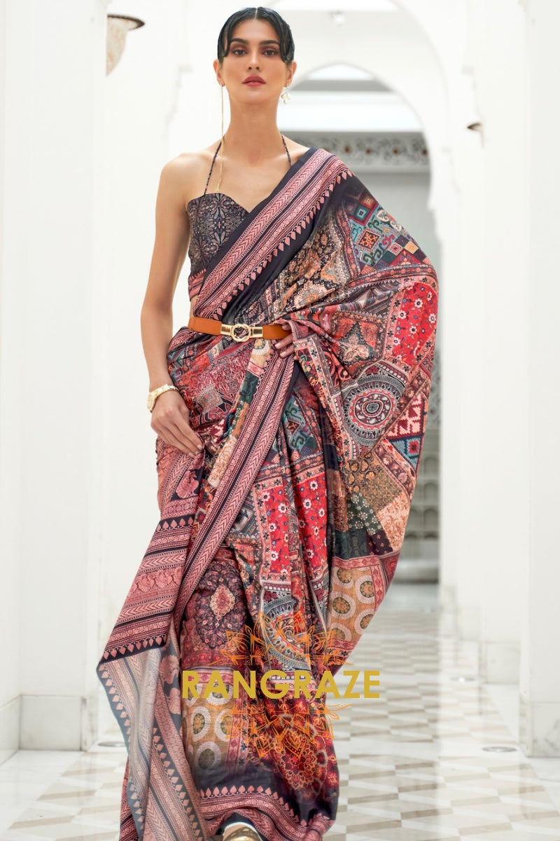 Pink And Black Kalamkari Printed Pure Silk Crepe Saree