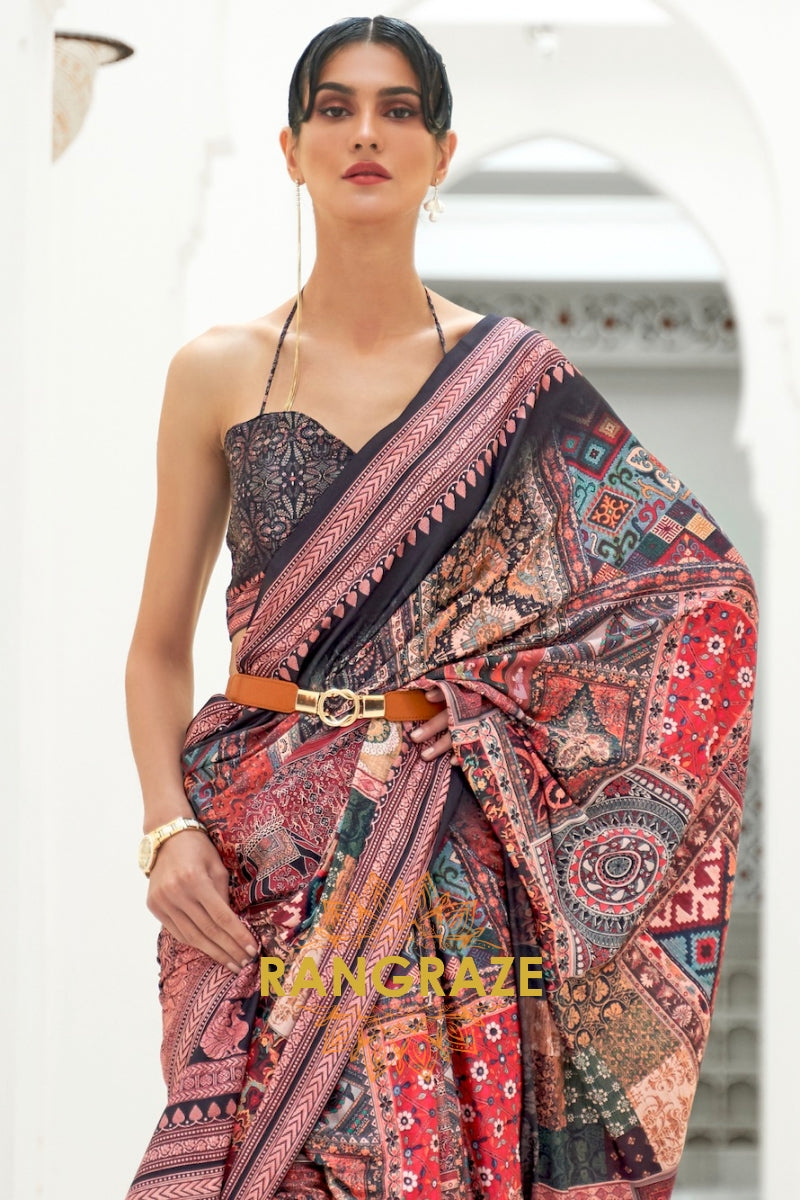 Pink And Black Kalamkari Printed Pure Silk Crepe Saree