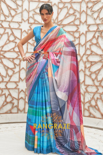 Blue Multi Color Kalamkari Printed Pure Silk Crepe Saree