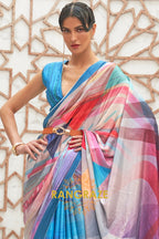 Blue Multi Color Kalamkari Printed Pure Silk Crepe Saree