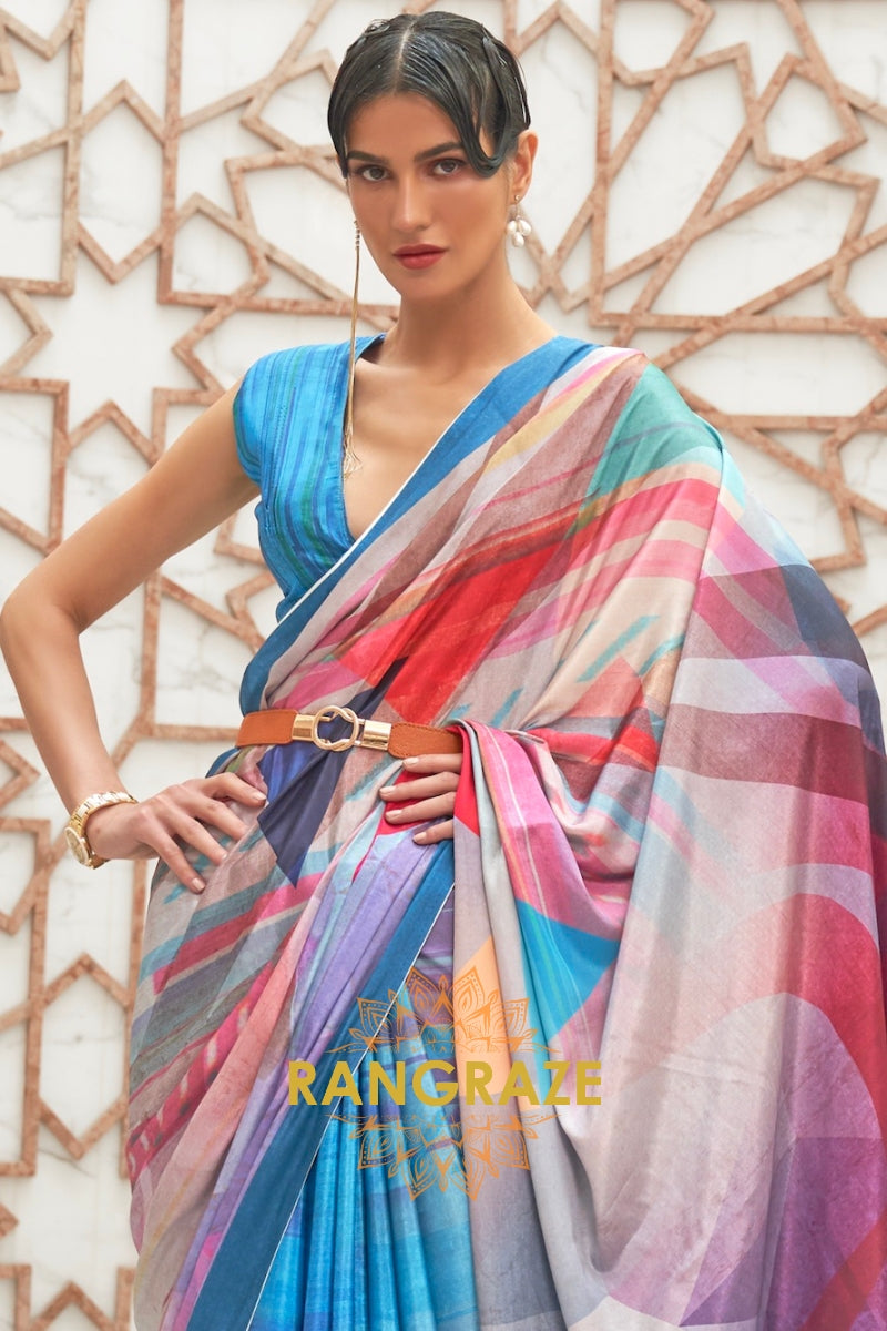 Blue Multi Color Kalamkari Printed Pure Silk Crepe Saree